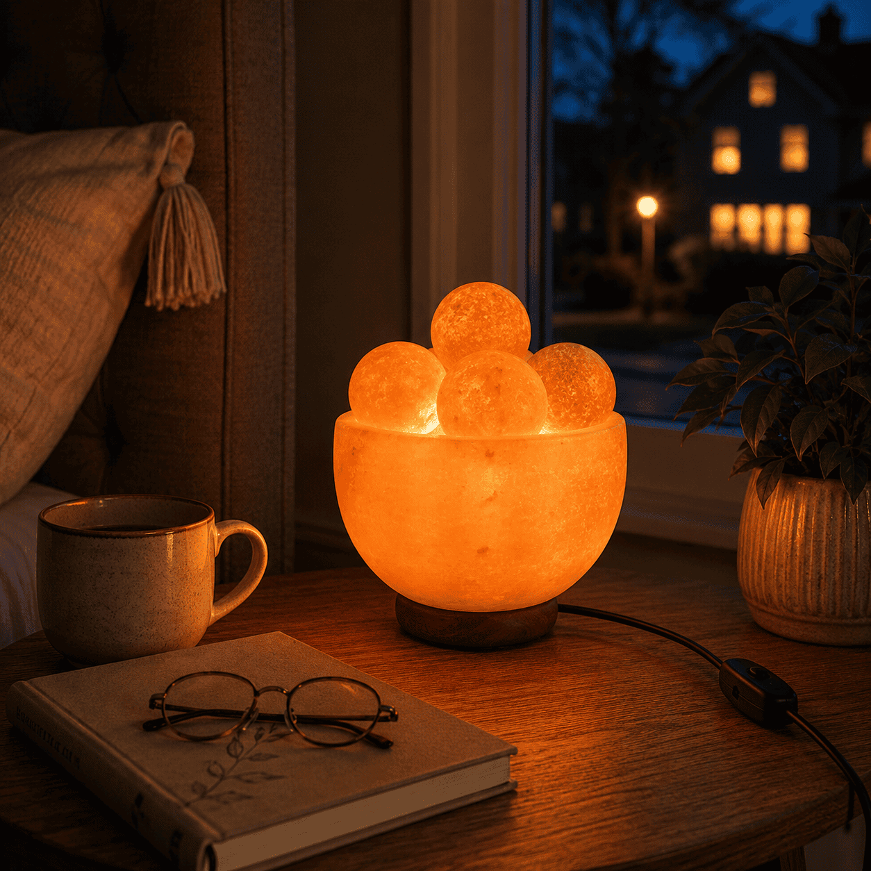 Salt Fire Bowl with Massage Balls – styled in a home lifestyle setting, lit at evening