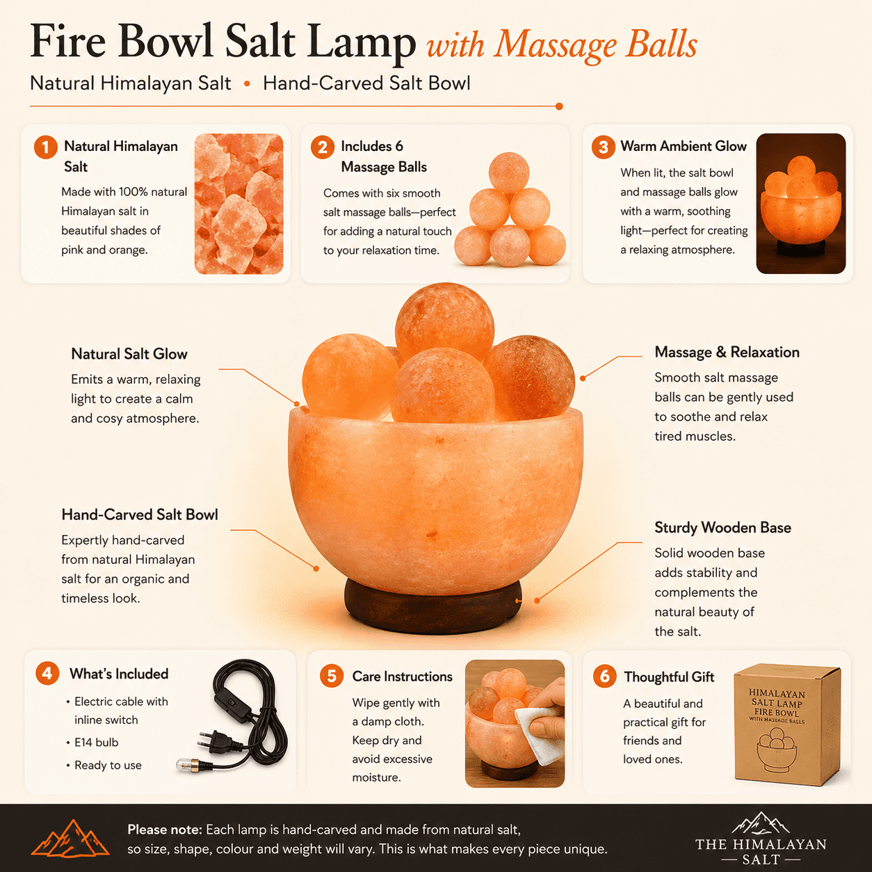 Salt Fire Bowl with Massage Balls – infographic highlighting the product's key features