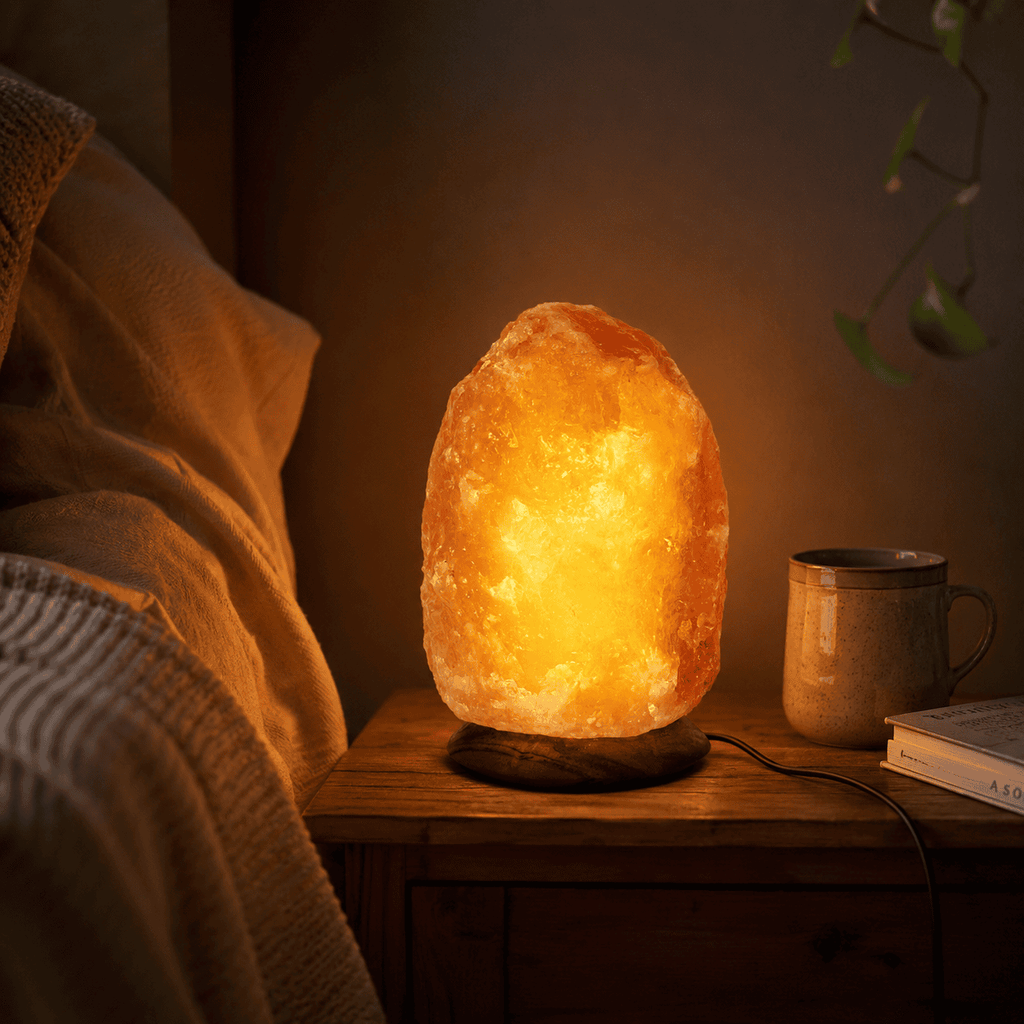 Himalayan Rock Salt Lamp, 1.5-2kg – styled in a home lifestyle setting, lit at evening