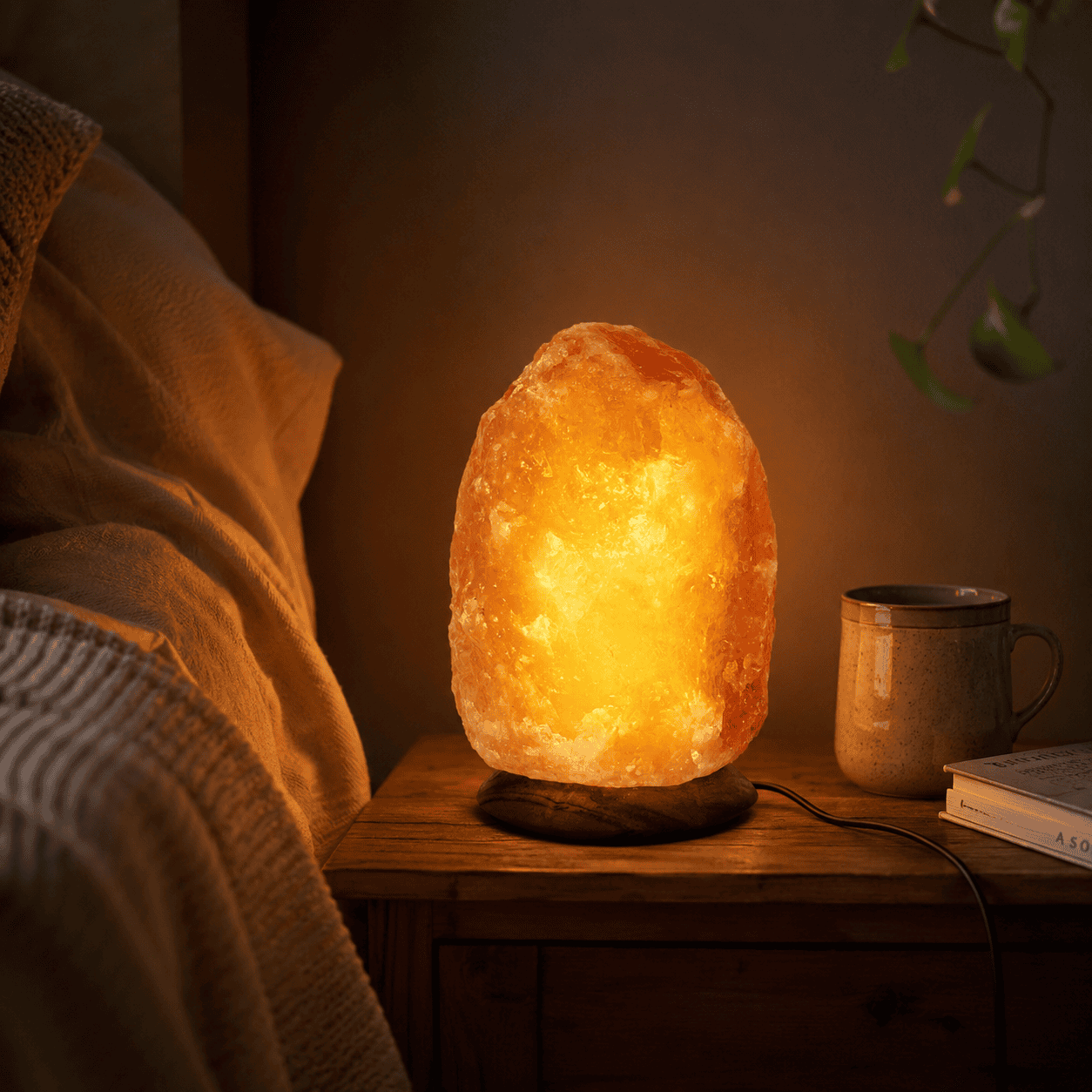Himalayan Rock Salt Lamp, 1.5-2kg – styled in a home lifestyle setting, lit at evening
