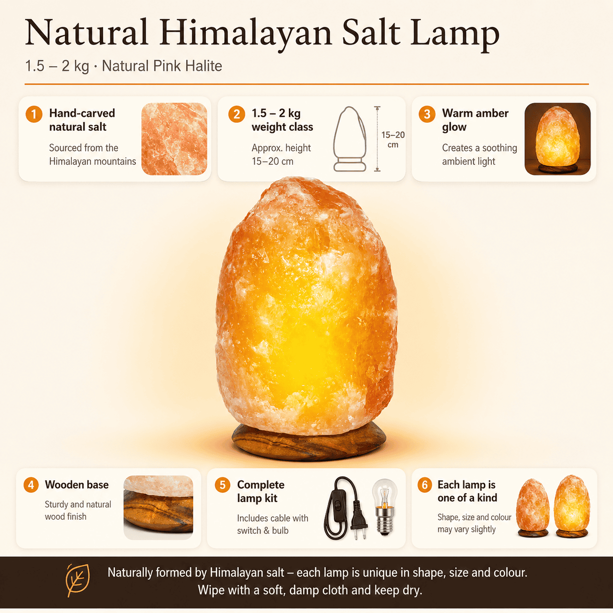 Himalayan Rock Salt Lamp, 1.5-2kg – infographic highlighting the product's key features