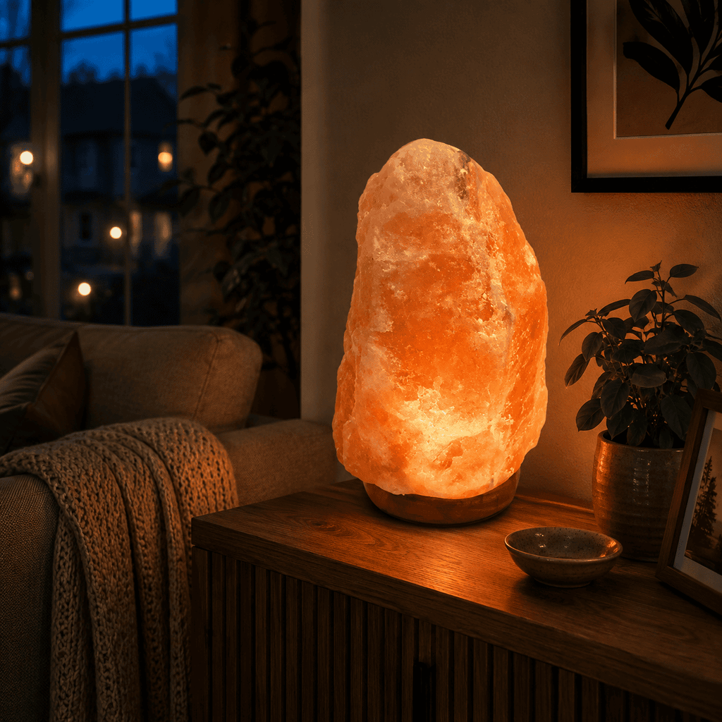 Himalayan Rock Salt Lamp, 12-15kg – styled in a home lifestyle setting, lit at evening