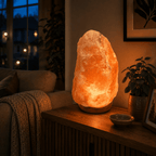 Himalayan Rock Salt Lamp, 12-15kg – styled in a home lifestyle setting, lit at evening