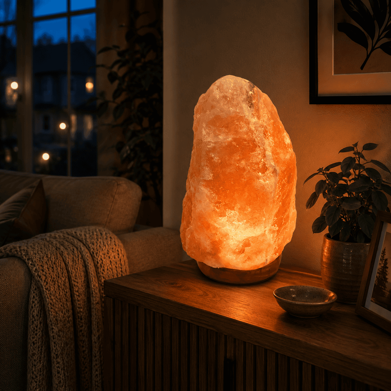 Himalayan Rock Salt Lamp, 12-15kg – styled in a home lifestyle setting, lit at evening