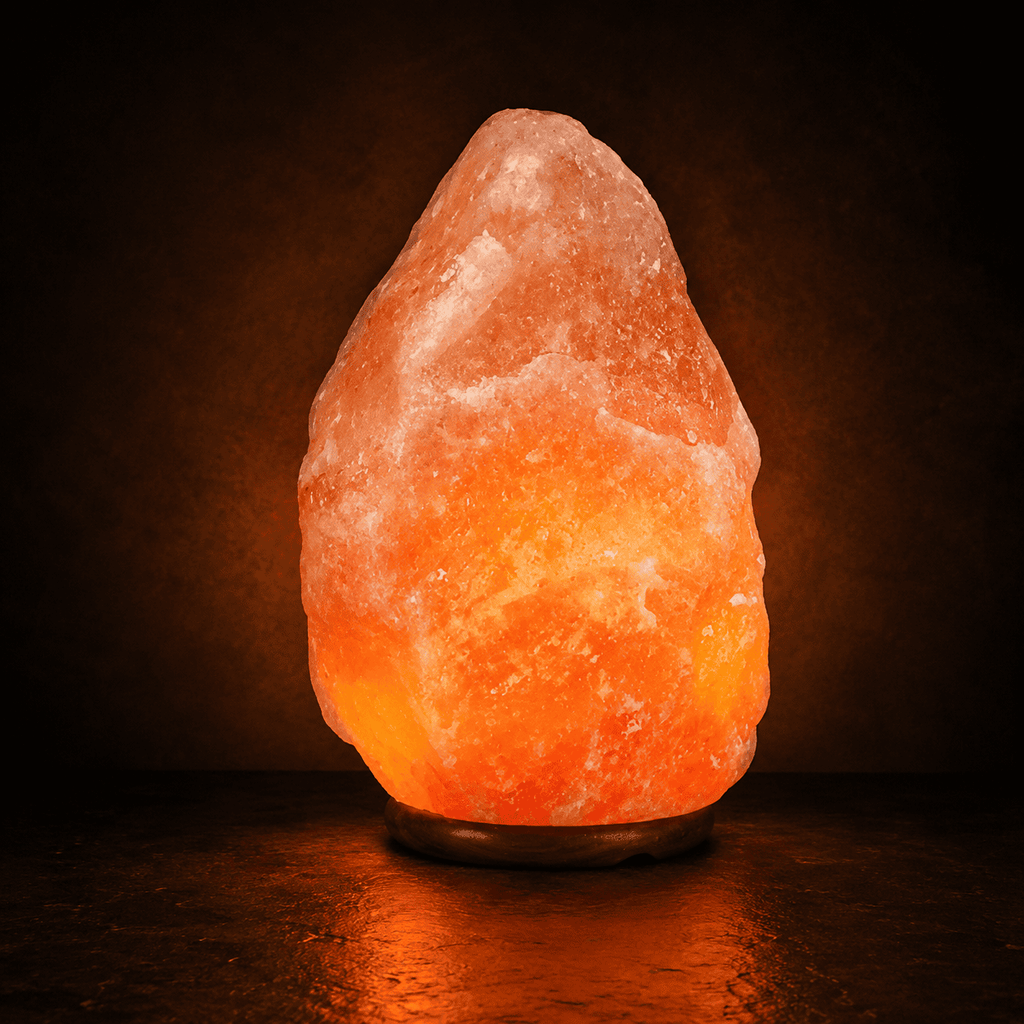 Himalayan Rock Salt Lamp, 15-20kg – studio photo lit against a dark background