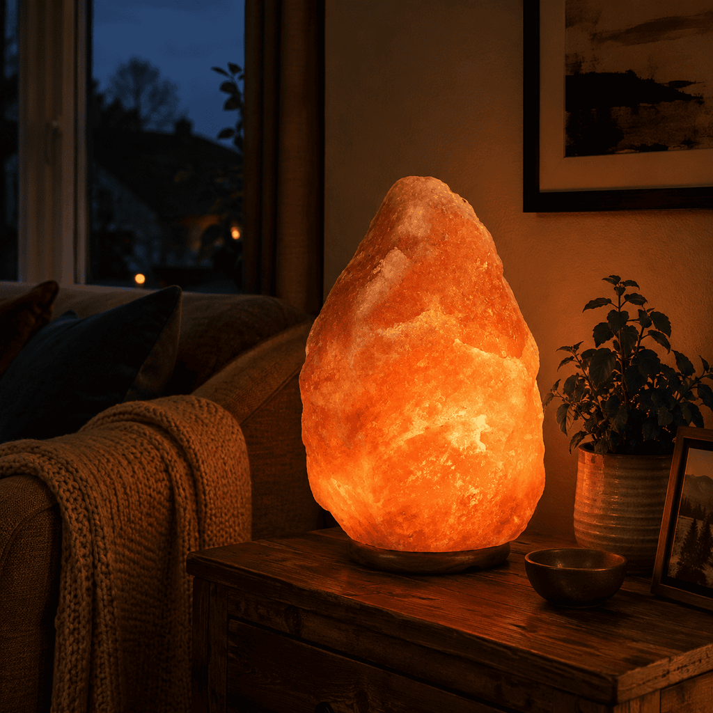 Himalayan Rock Salt Lamp, 15-20kg – styled in a home lifestyle setting, lit at evening