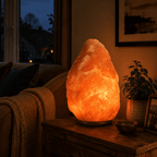Himalayan Rock Salt Lamp, 15-20kg – styled in a home lifestyle setting, lit at evening