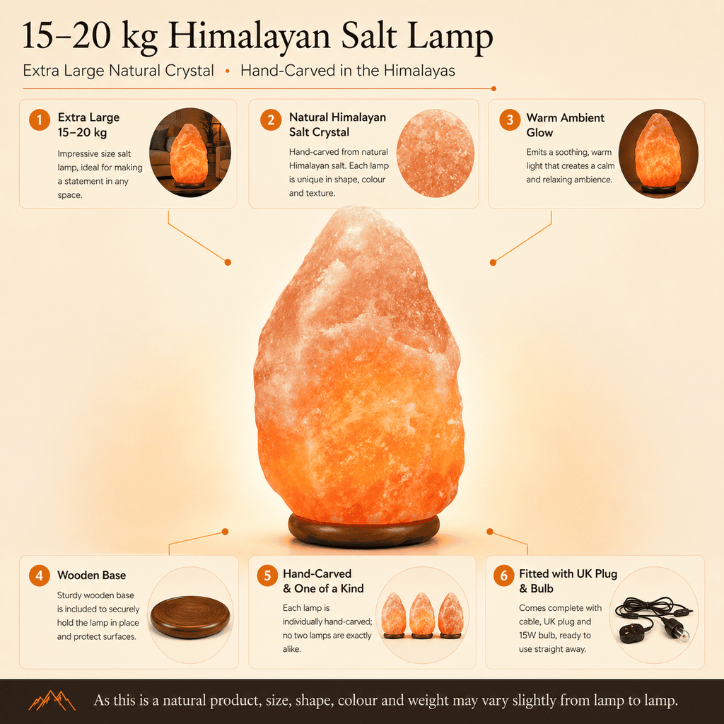 Himalayan Rock Salt Lamp, 15-20kg – infographic highlighting the product's key features
