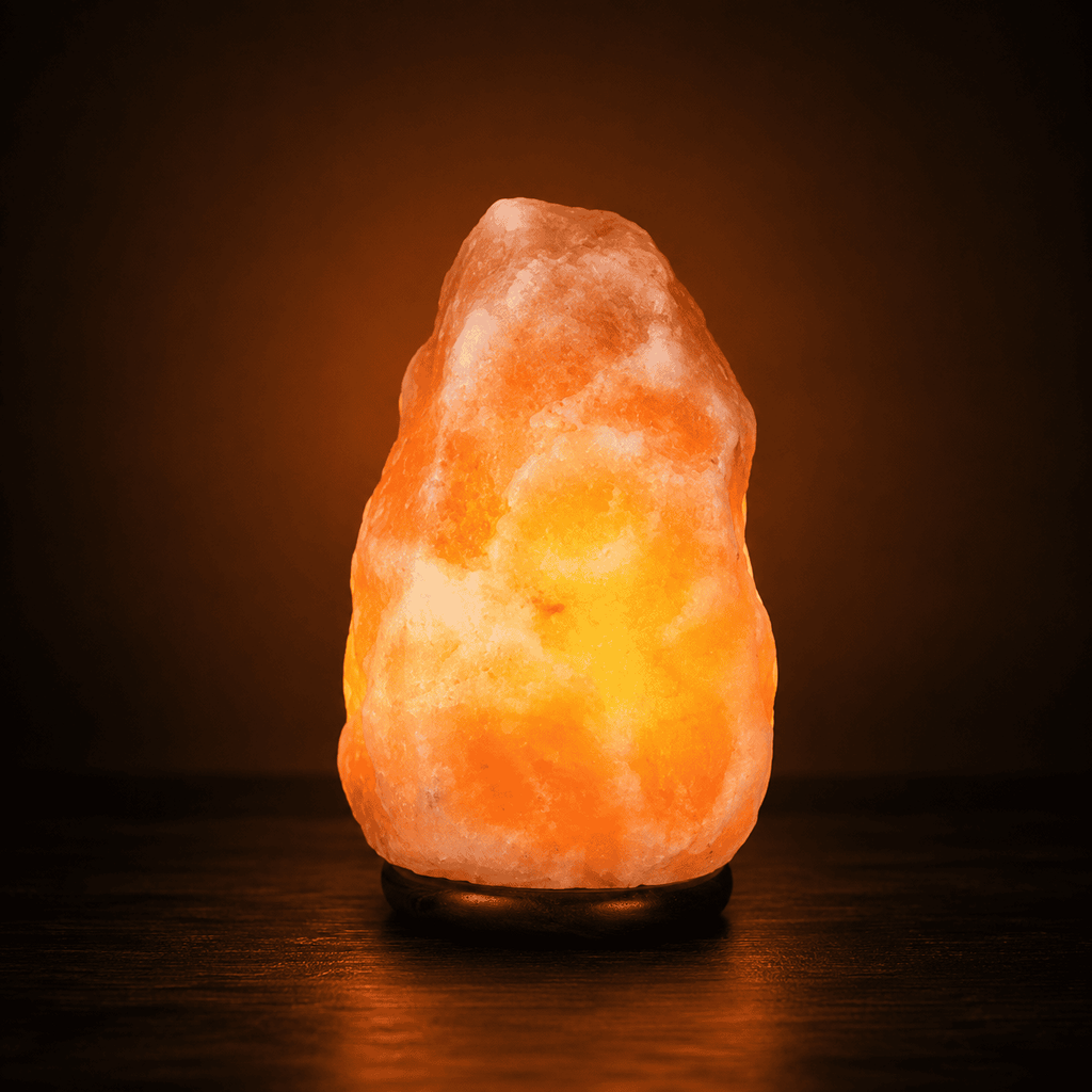 Himalayan Rock Salt Lamp, 2-3kg – studio photo lit against a dark background