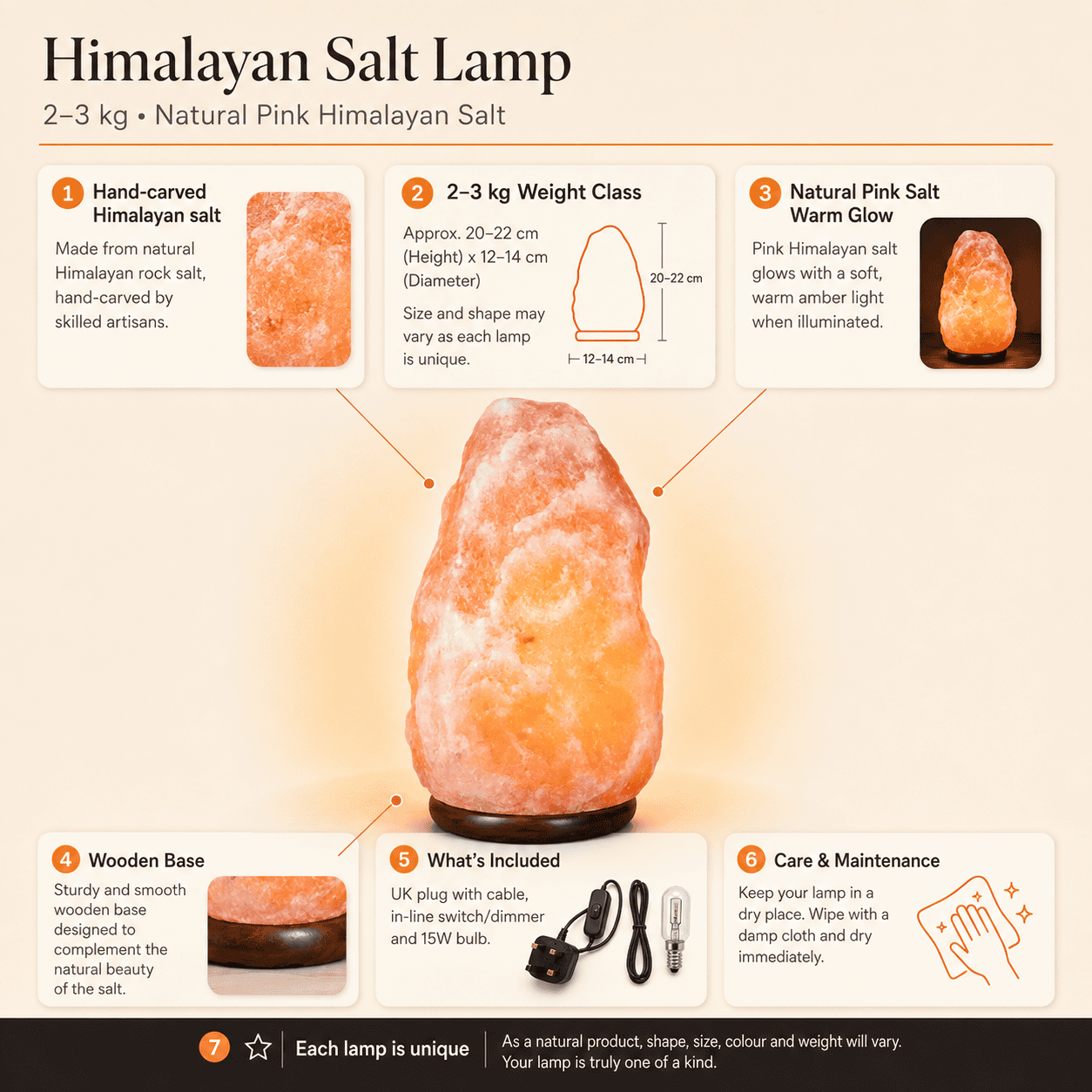Himalayan Rock Salt Lamp, 2-3kg – infographic highlighting the product's key features