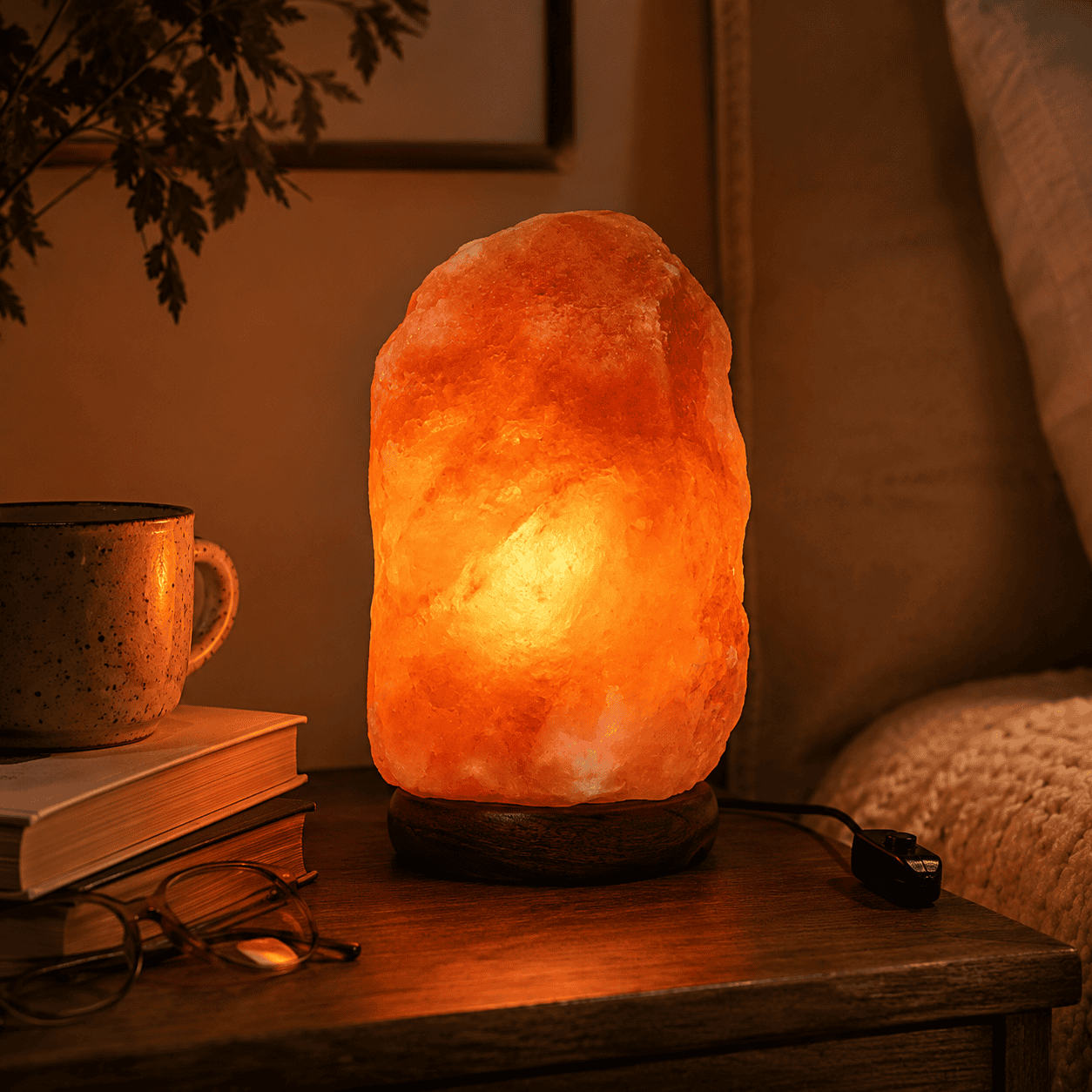 Himalayan Rock Salt Lamp, 3-5kg – styled in a home lifestyle setting, lit at evening