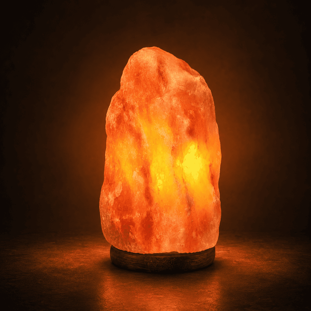 Himalayan Rock Salt Lamp, 4-6kg – studio photo lit against a dark background