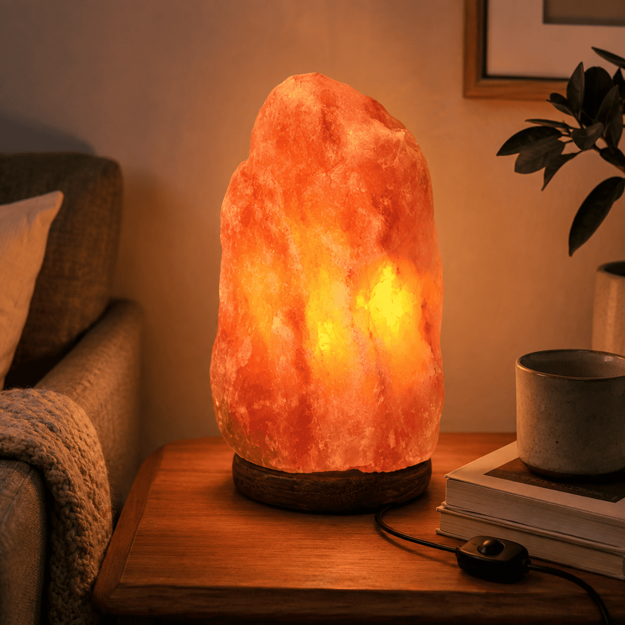 Himalayan Rock Salt Lamp, 4-6kg – styled in a home lifestyle setting, lit at evening