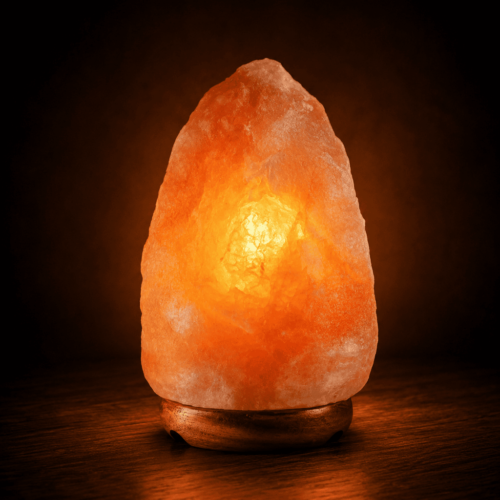 Himalayan Rock Salt Lamp, 5-7kg – studio photo lit against a dark background