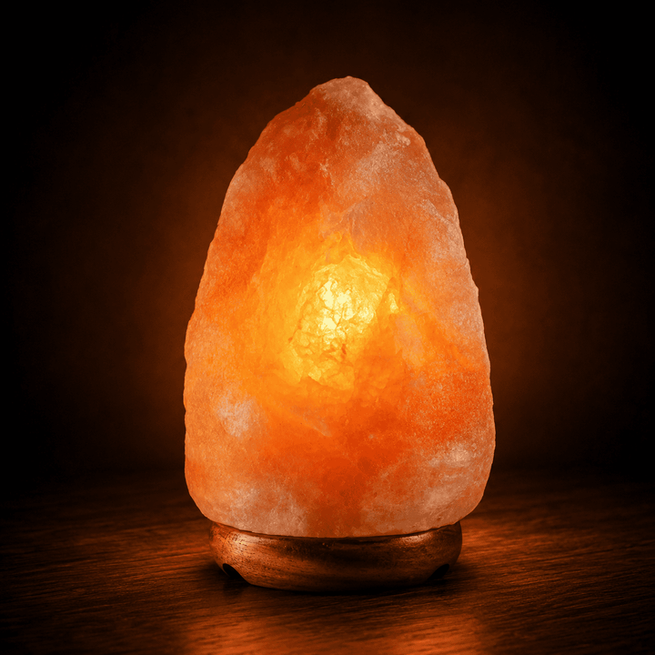 Himalayan Rock Salt Lamp, 5-7kg – studio photo lit against a dark background