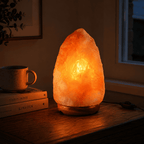 Himalayan Rock Salt Lamp, 5-7kg – styled in a home lifestyle setting, lit at evening