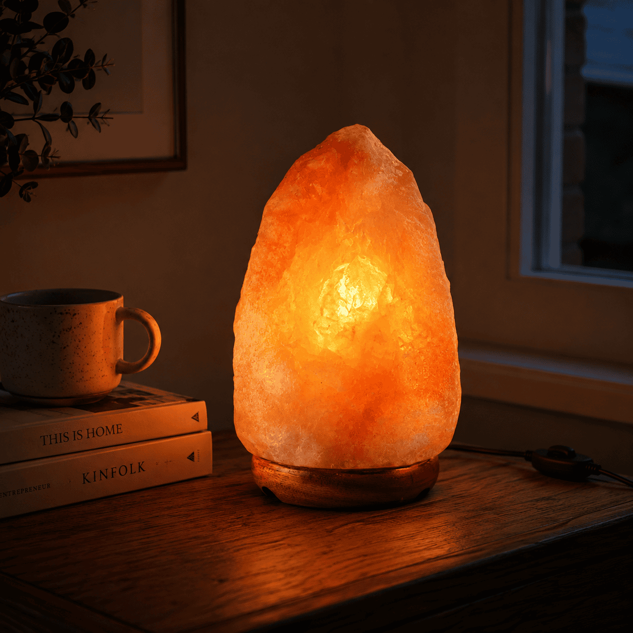 Himalayan Rock Salt Lamp, 5-7kg – styled in a home lifestyle setting, lit at evening