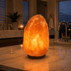 Himalayan Rock Salt Lamp, 7-9kg – studio photo lit against a dark background