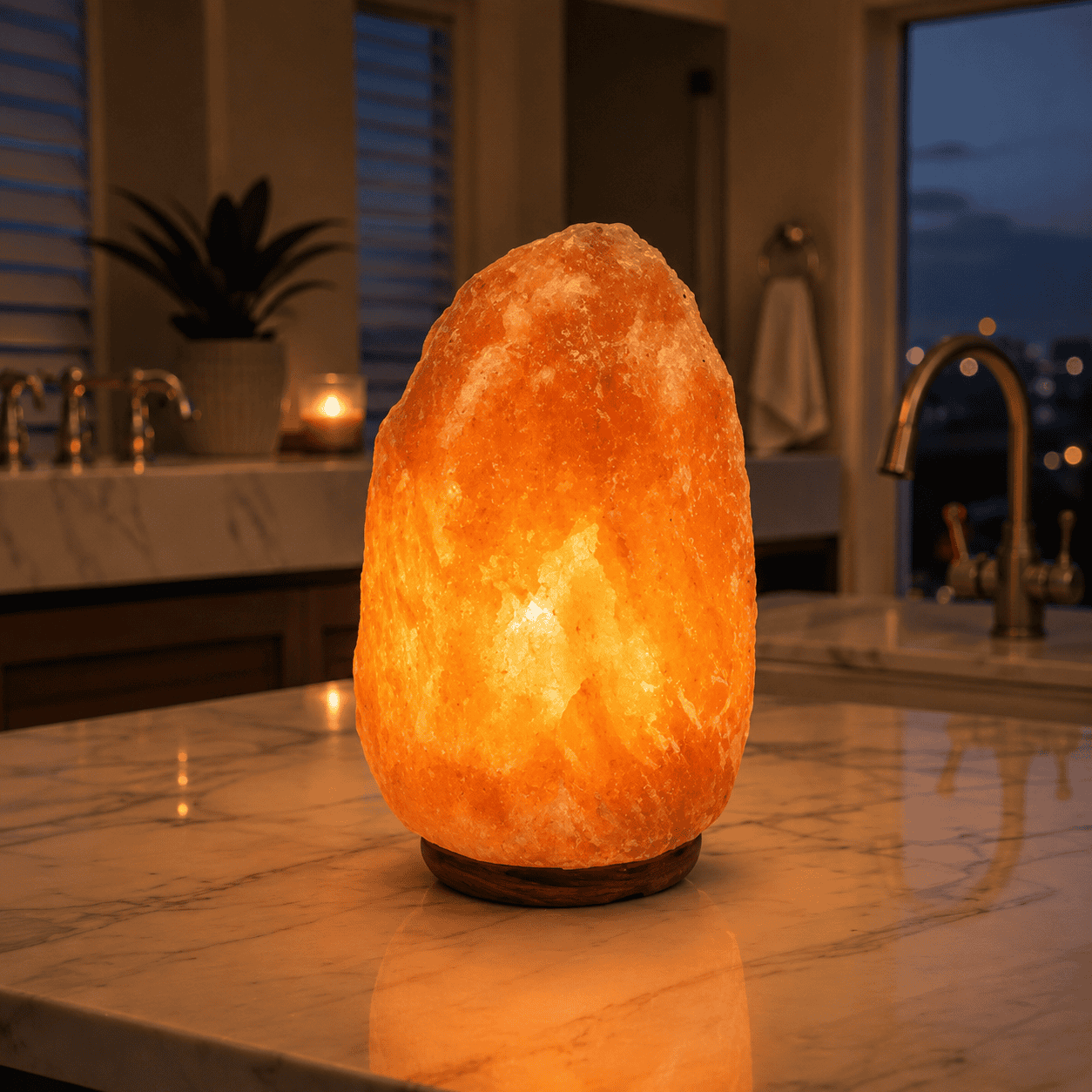 Himalayan Rock Salt Lamp, 7-9kg – studio photo lit against a dark background