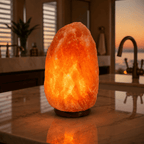 Himalayan Rock Salt Lamp, 7-9kg – styled in a home lifestyle setting, lit at evening