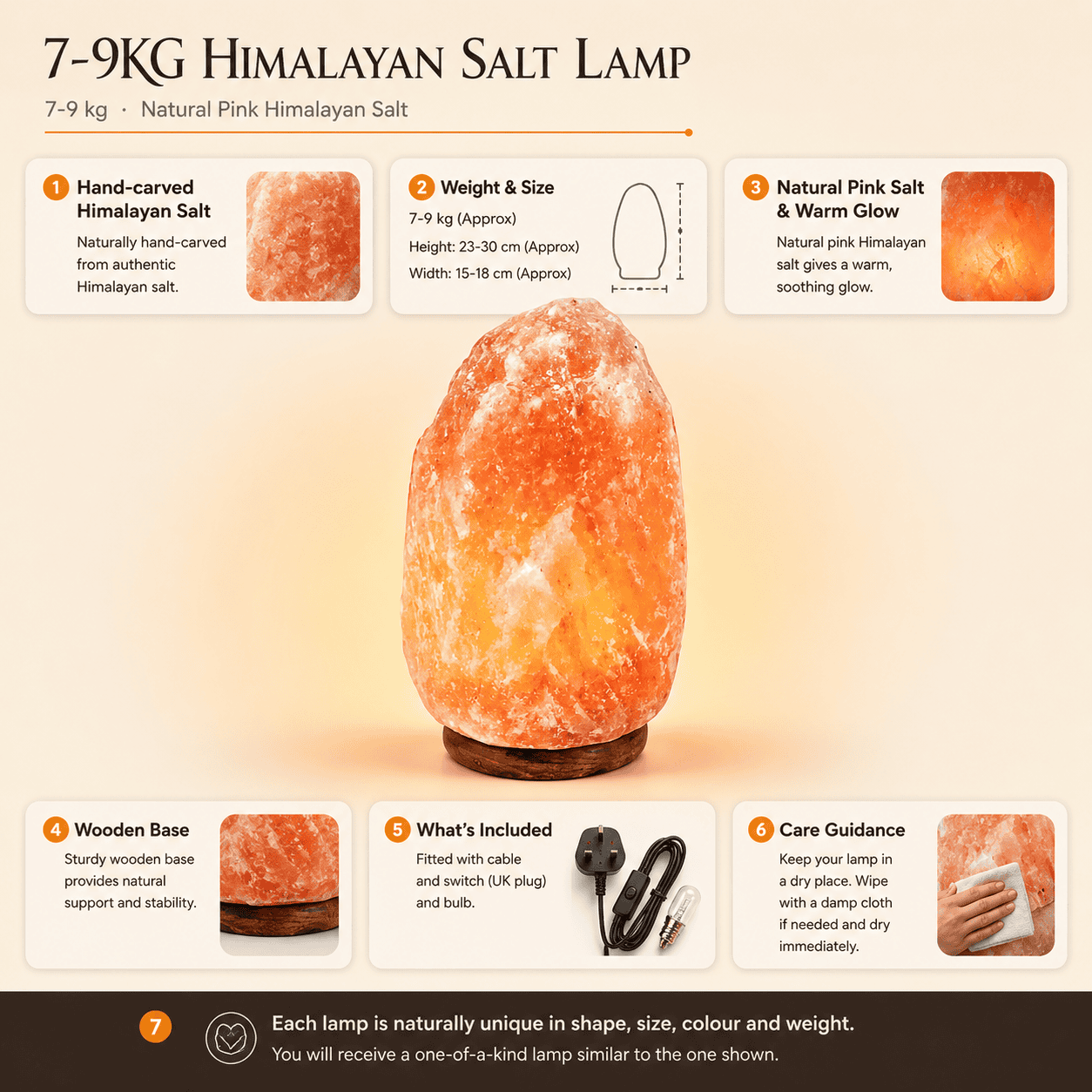 Himalayan Rock Salt Lamp, 7-9kg – infographic highlighting the product's key features