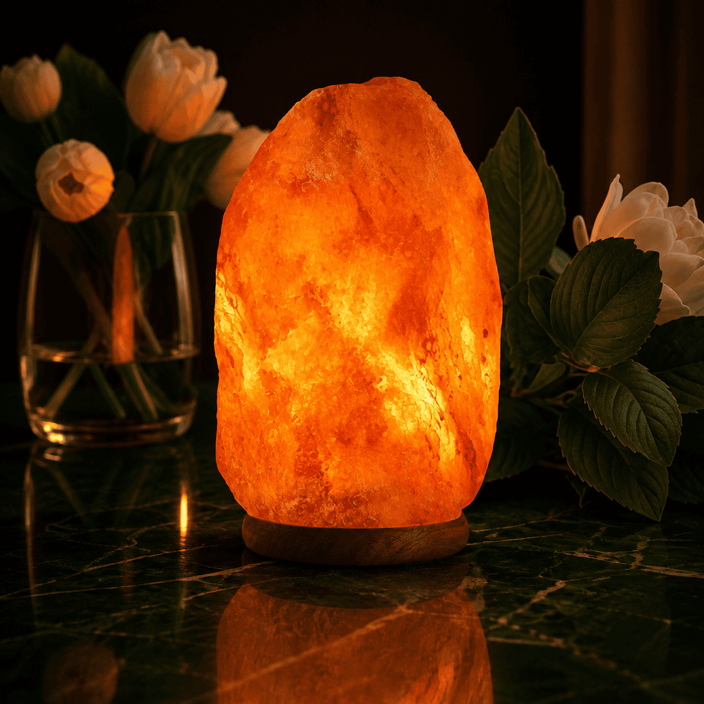 Himalayan Rock Salt Lamp, 9-12kg – studio photo lit against a dark background