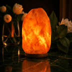 Himalayan Rock Salt Lamp, 9-12kg – studio photo lit against a dark background