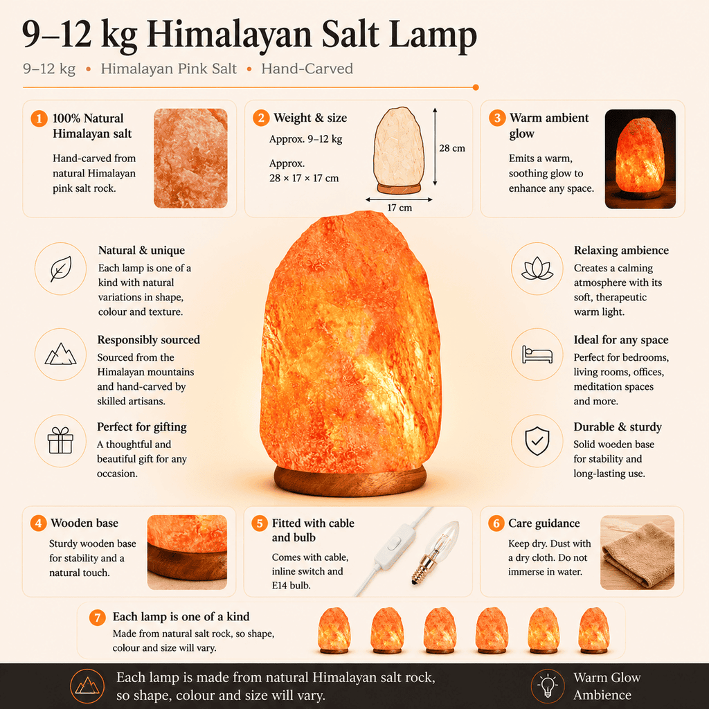 Himalayan Rock Salt Lamp, 9-12kg – infographic highlighting the product's key features