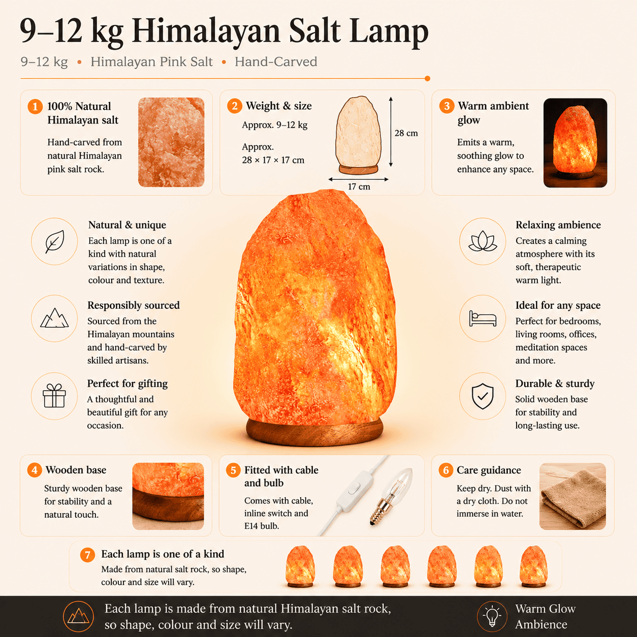 Himalayan Rock Salt Lamp, 9-12kg – infographic highlighting the product's key features