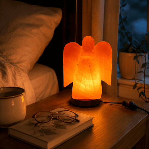 Angel-Carved Salt Lamp – styled in a home lifestyle setting, lit at evening