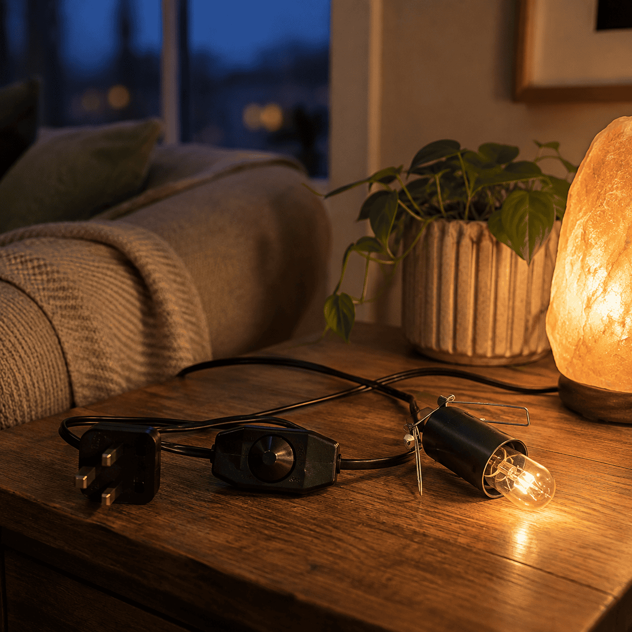 Dimmer Cable for Salt Lamps – styled in a home lifestyle setting, lit at evening