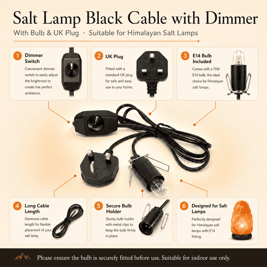 Dimmer Cable for Salt Lamps – infographic highlighting the product's key features
