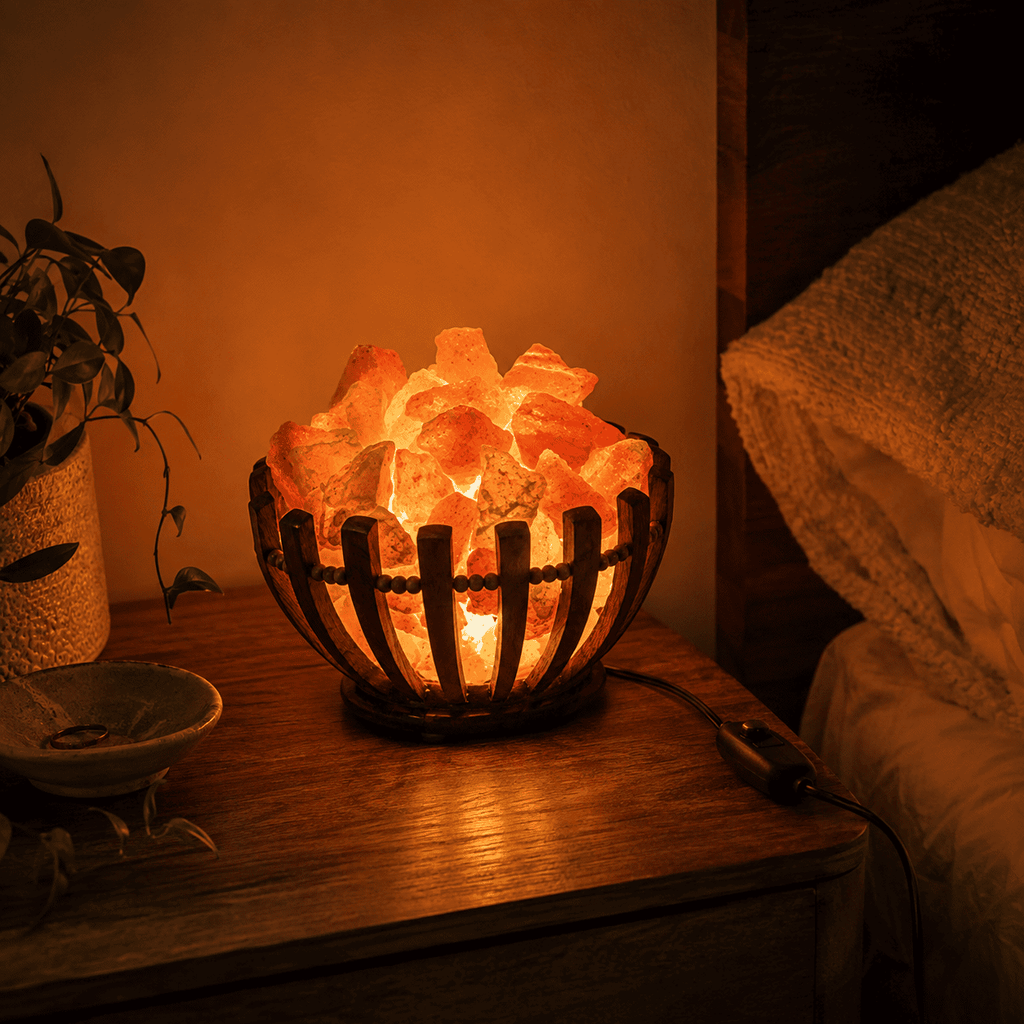 Salt Chunk Bowl in Woven Basket – styled in a home lifestyle setting, lit at evening