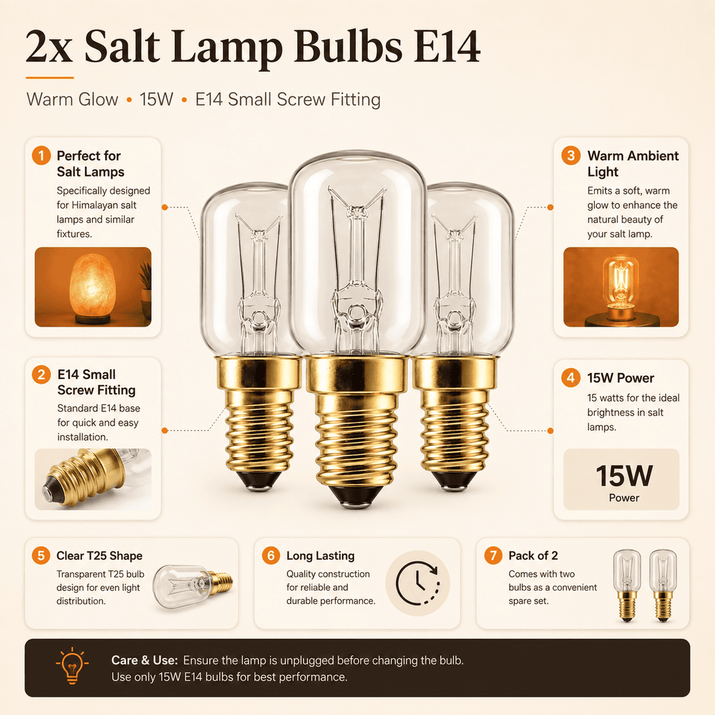 E14 15W Salt Lamp Bulbs, Pack of 3 – infographic highlighting the product's key features
