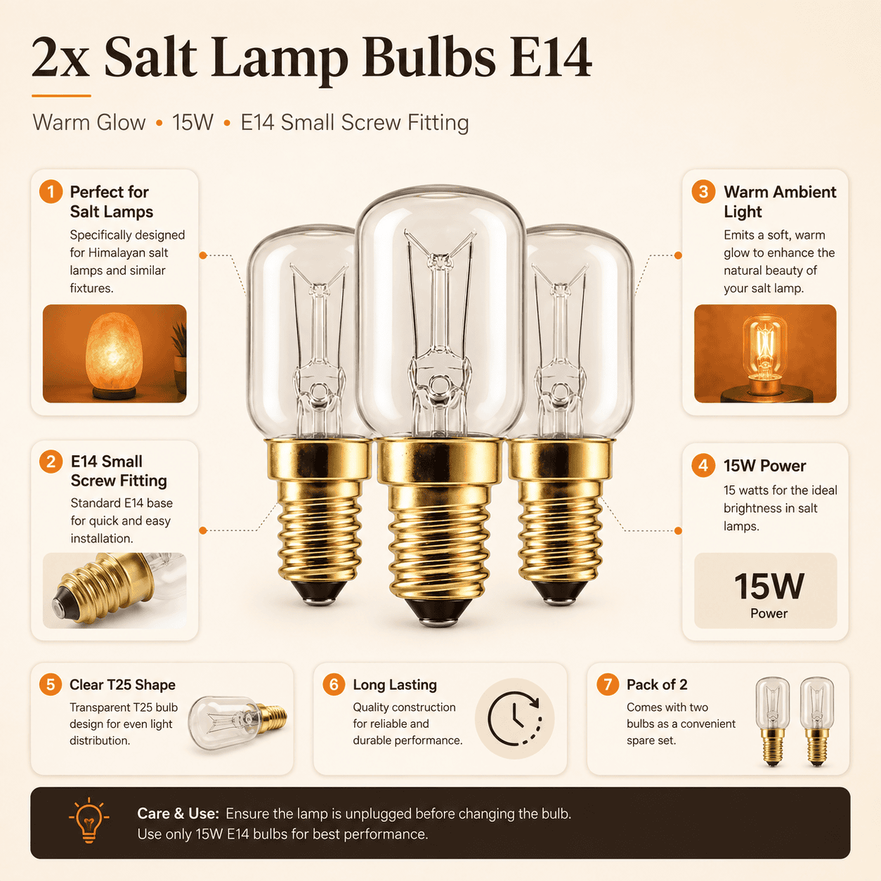 E14 15W Salt Lamp Bulbs, Pack of 3 – infographic highlighting the product's key features