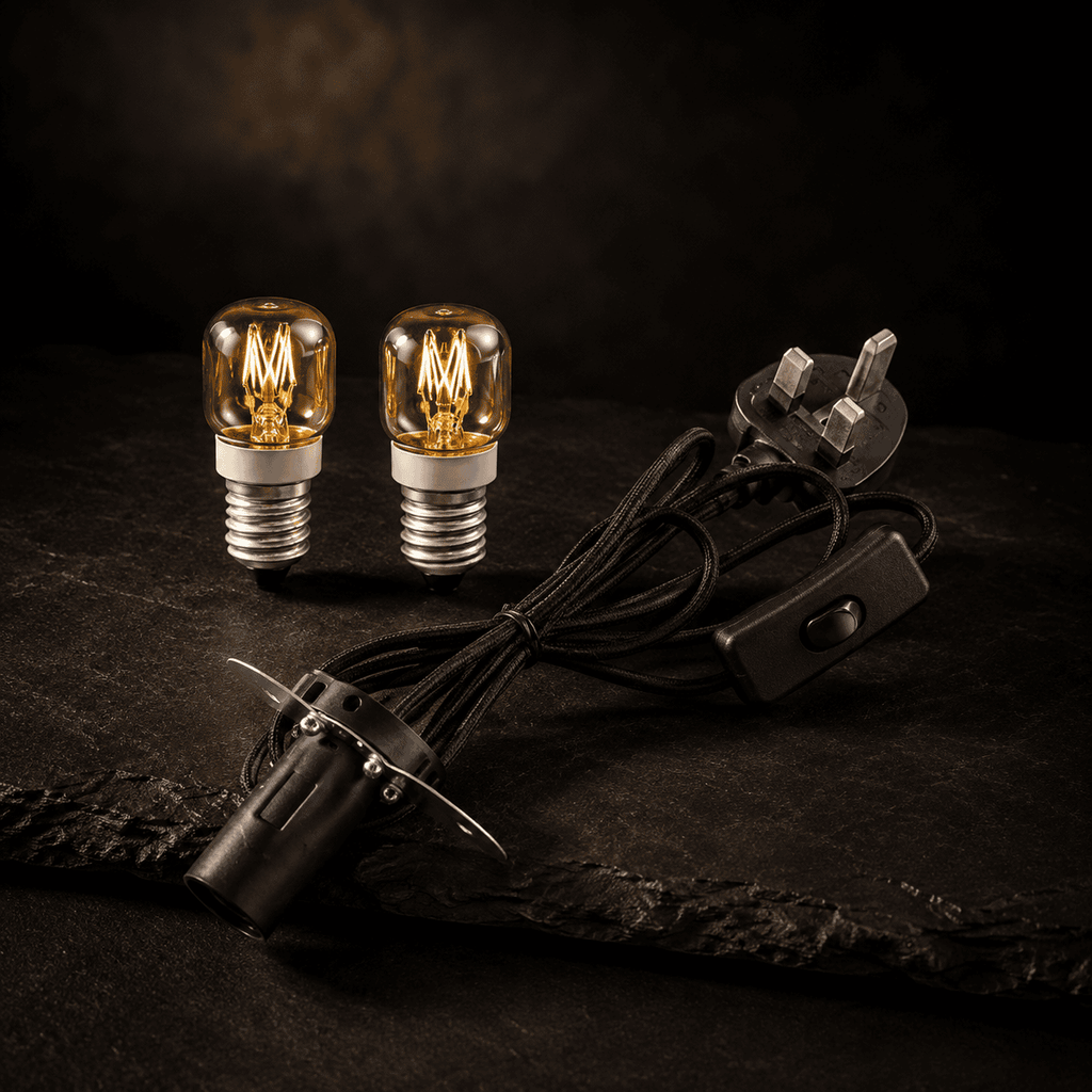 Replacement Lamp Cable with 2 Spare Bulbs – studio photo lit against a dark background