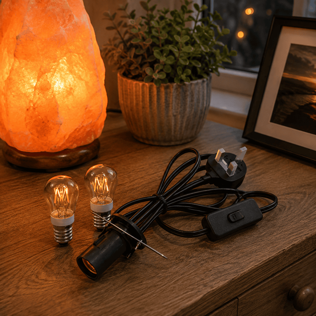 Replacement Lamp Cable with 2 Spare Bulbs – styled in a home lifestyle setting, lit at evening