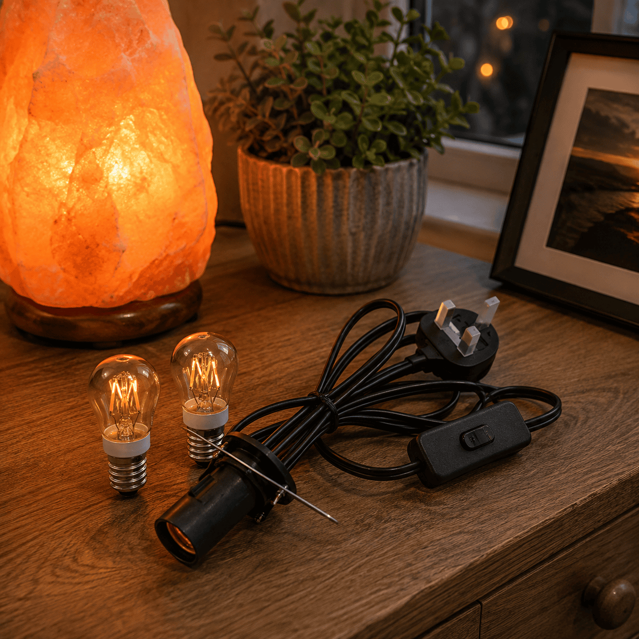Replacement Lamp Cable with 2 Spare Bulbs – styled in a home lifestyle setting, lit at evening