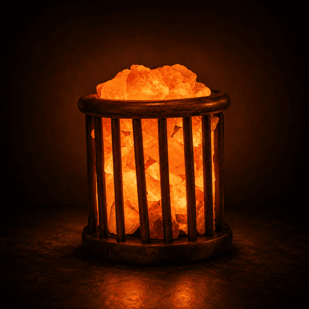 Wire Cage Salt Lamp Basket – studio photo lit against a dark background