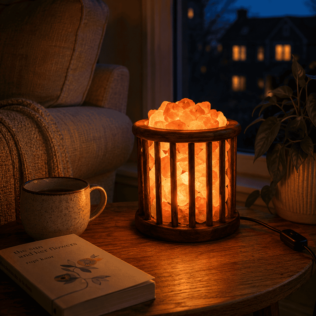 Wire Cage Salt Lamp Basket – styled in a home lifestyle setting, lit at evening
