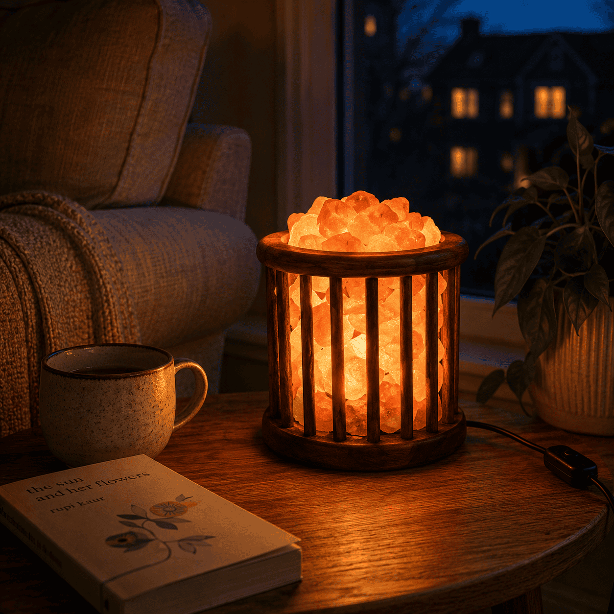 Wire Cage Salt Lamp Basket – styled in a home lifestyle setting, lit at evening