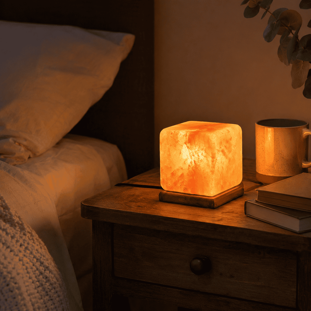 Cube-Cut USB Salt Lamp – styled in a home lifestyle setting, lit at evening