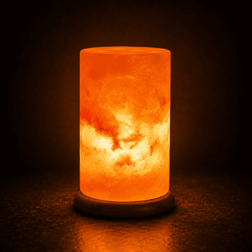 Cylinder-Cut USB Salt Lamp – studio photo lit against a dark background