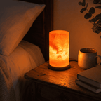 Cylinder-Cut USB Salt Lamp – styled in a home lifestyle setting, lit at evening