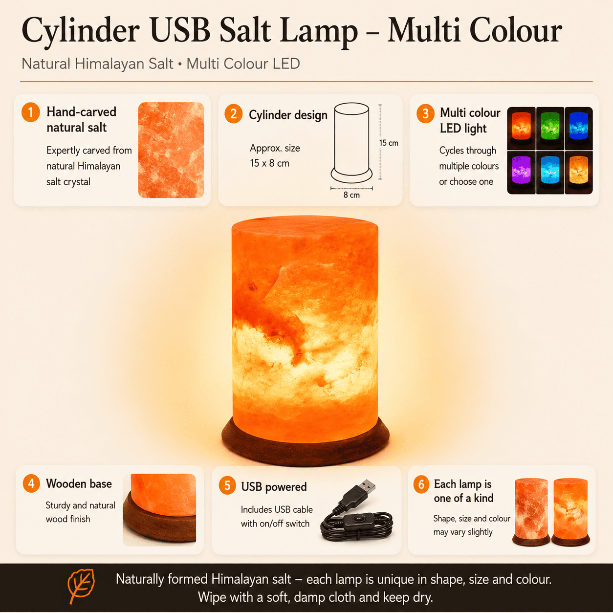Cylinder-Cut USB Salt Lamp – infographic highlighting the product's key features