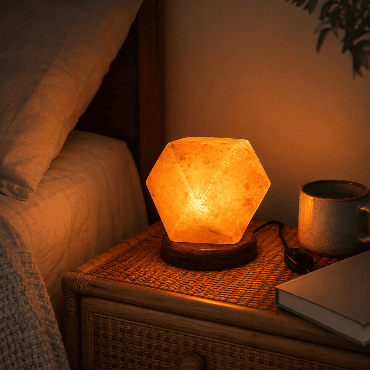 Diamond-Cut USB Salt Lamp – styled in a home lifestyle setting, lit at evening