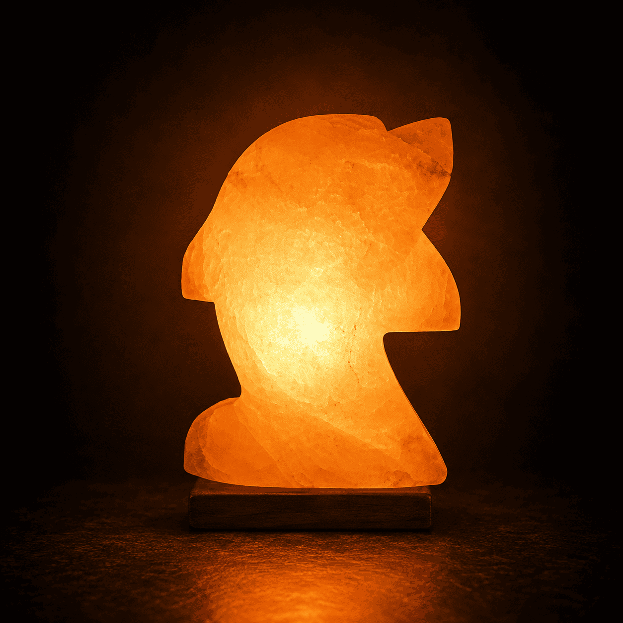 Dolphin-Carved Salt Lamp – studio photo lit against a dark background