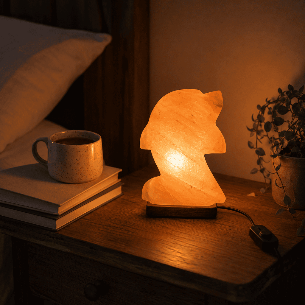 Dolphin-Carved Salt Lamp – styled in a home lifestyle setting, lit at evening