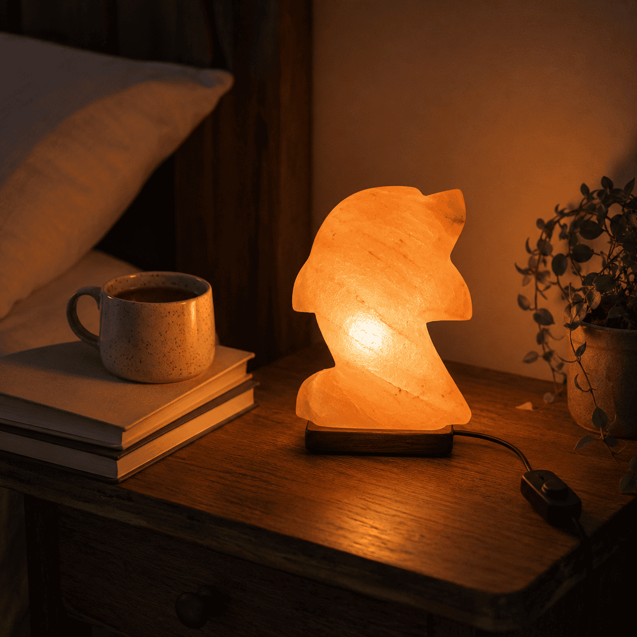 Dolphin-Carved Salt Lamp – styled in a home lifestyle setting, lit at evening