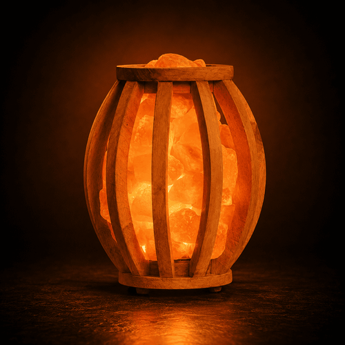 Drum-Shaped Wooden Salt Basket – studio photo lit against a dark background